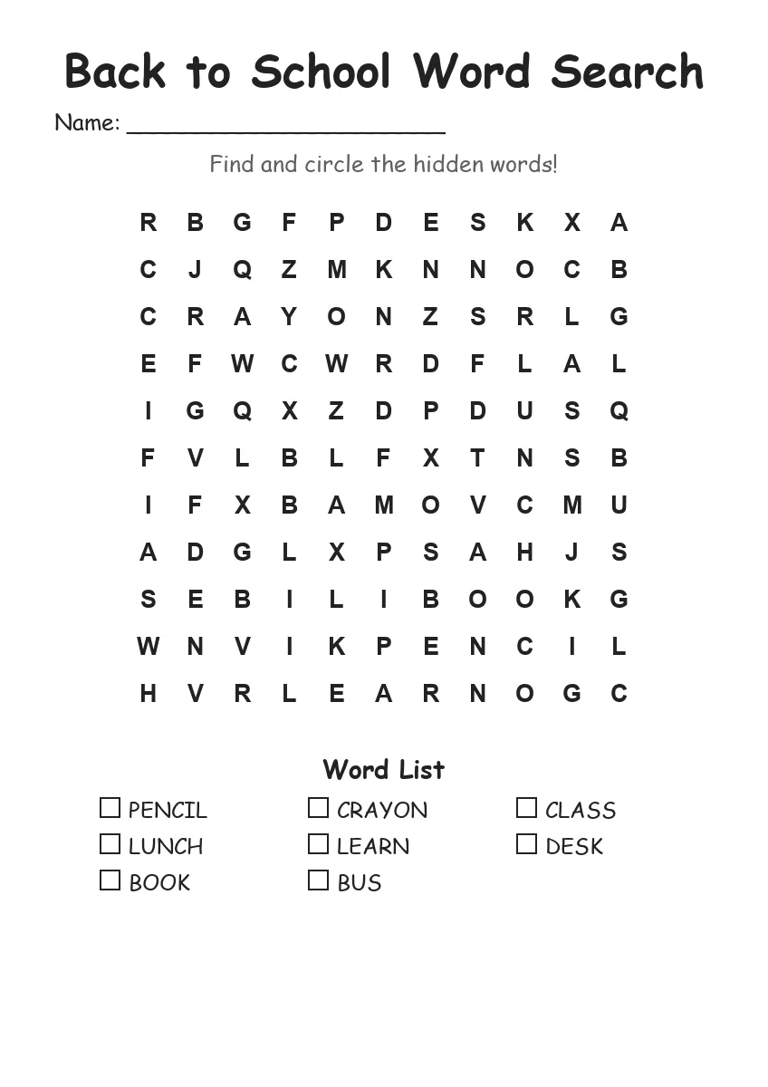 Back to School word search worksheet for Grade 1