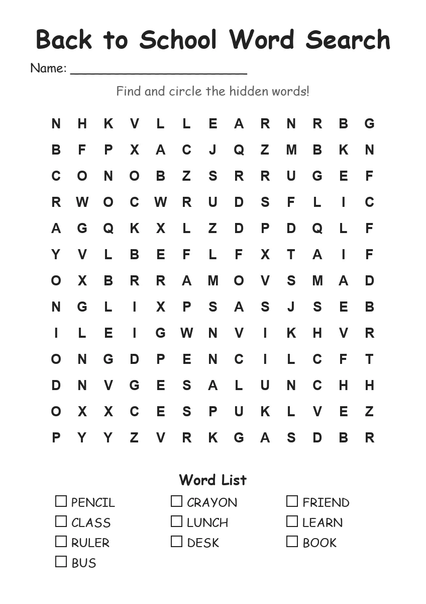 Back to School word search worksheet for Grade 2