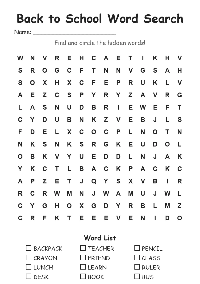 Back to School word search worksheet for Grade 3