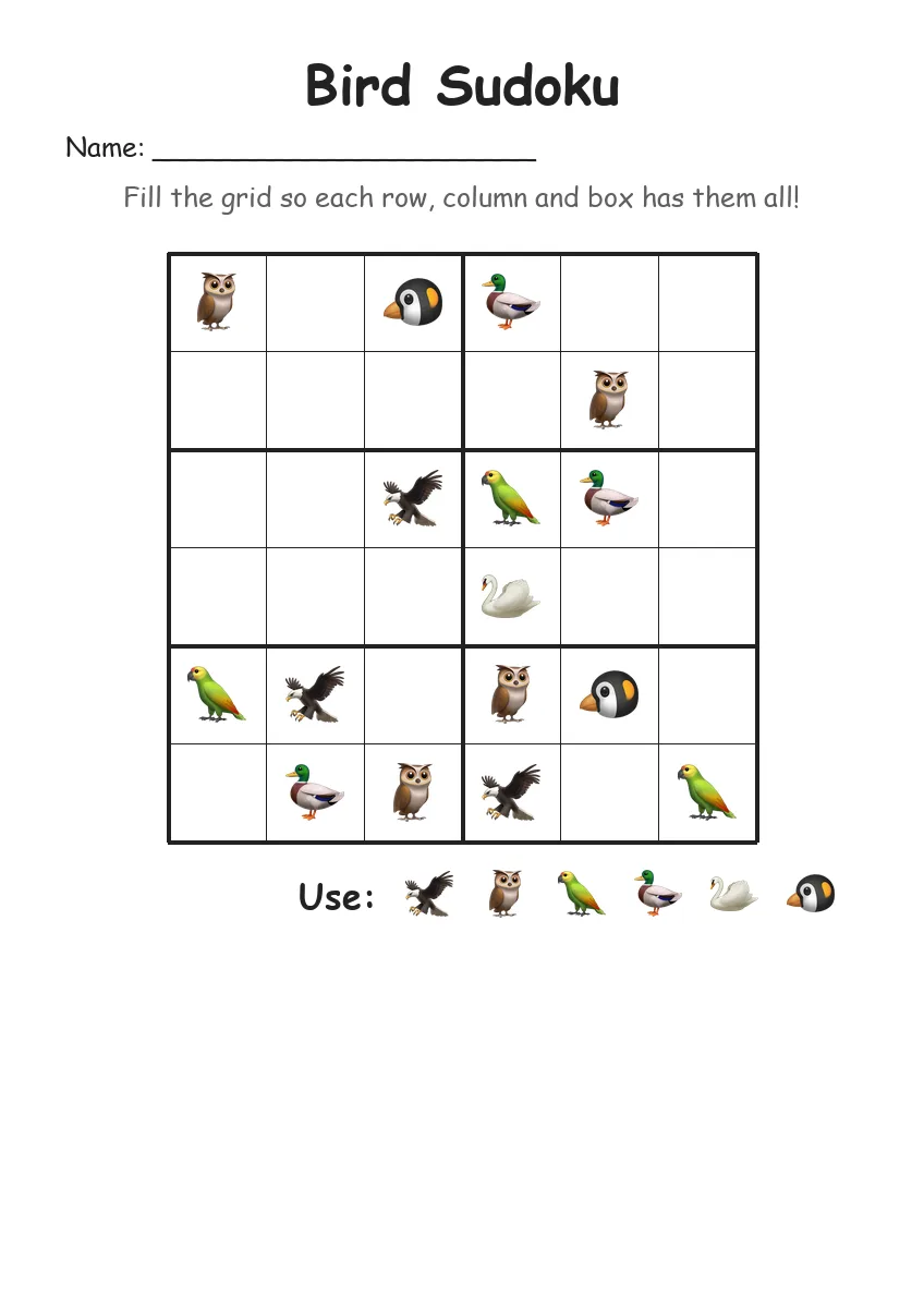 Bird Sudoku 6x6 (Grade 2) worksheet for Grade 2