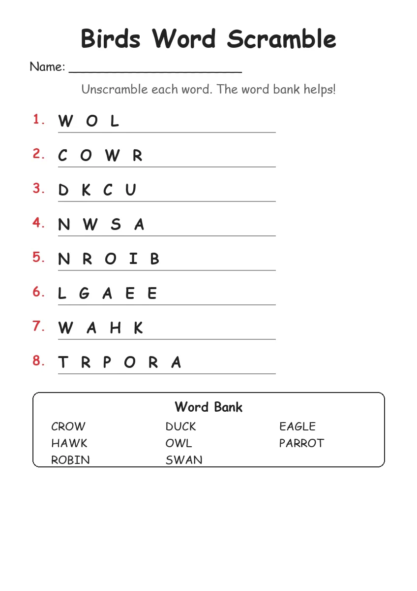 Birds word scramble worksheet for Grade 1