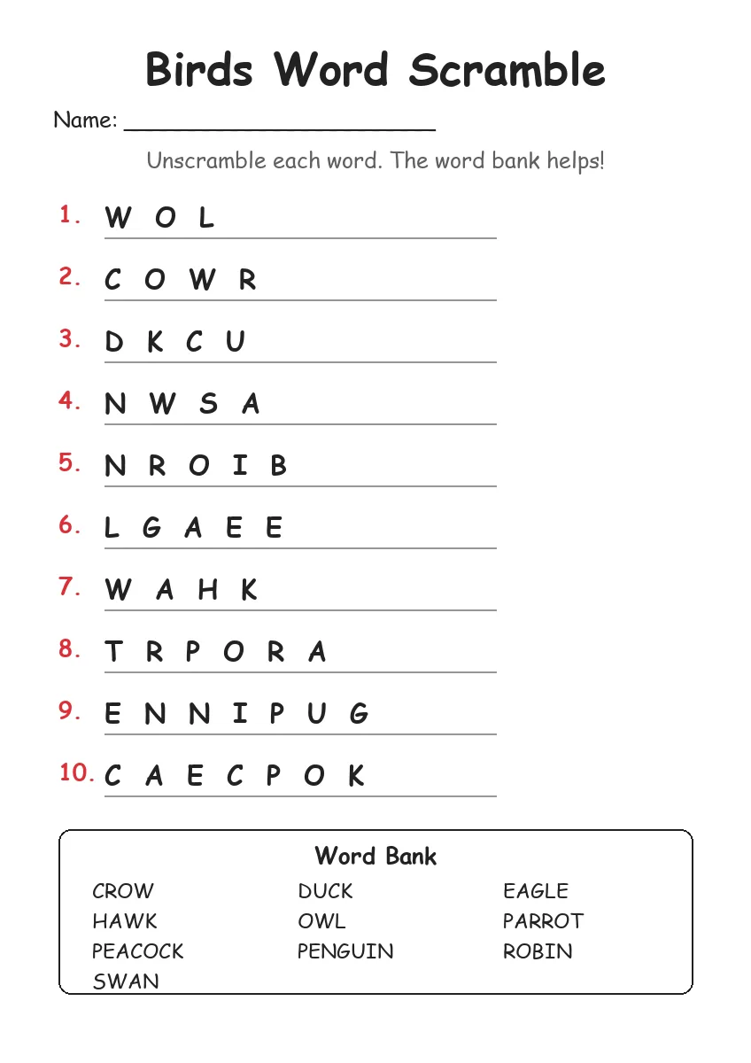 Birds word scramble worksheet for Grade 3