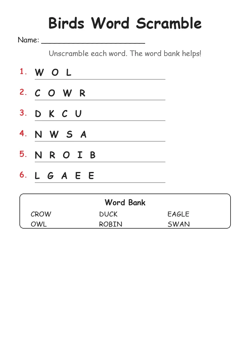 Birds word scramble worksheet for Kindergarten