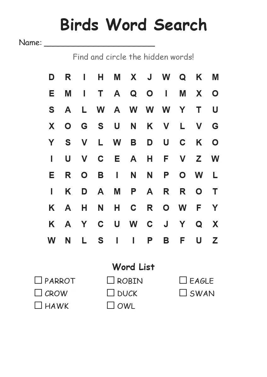 Birds word search worksheet for Grade 1
