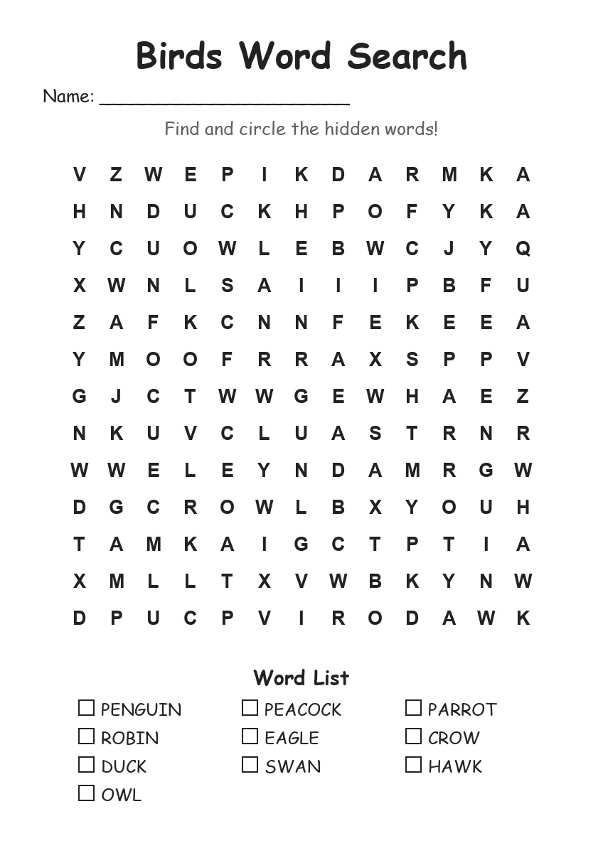 Birds word search worksheet for Grade 2