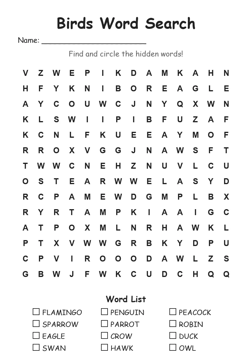 Birds word search worksheet for Grade 3
