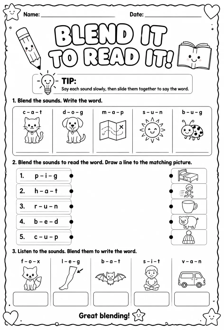 Blend each sound in a word together — free printable Reading foundations English worksheet