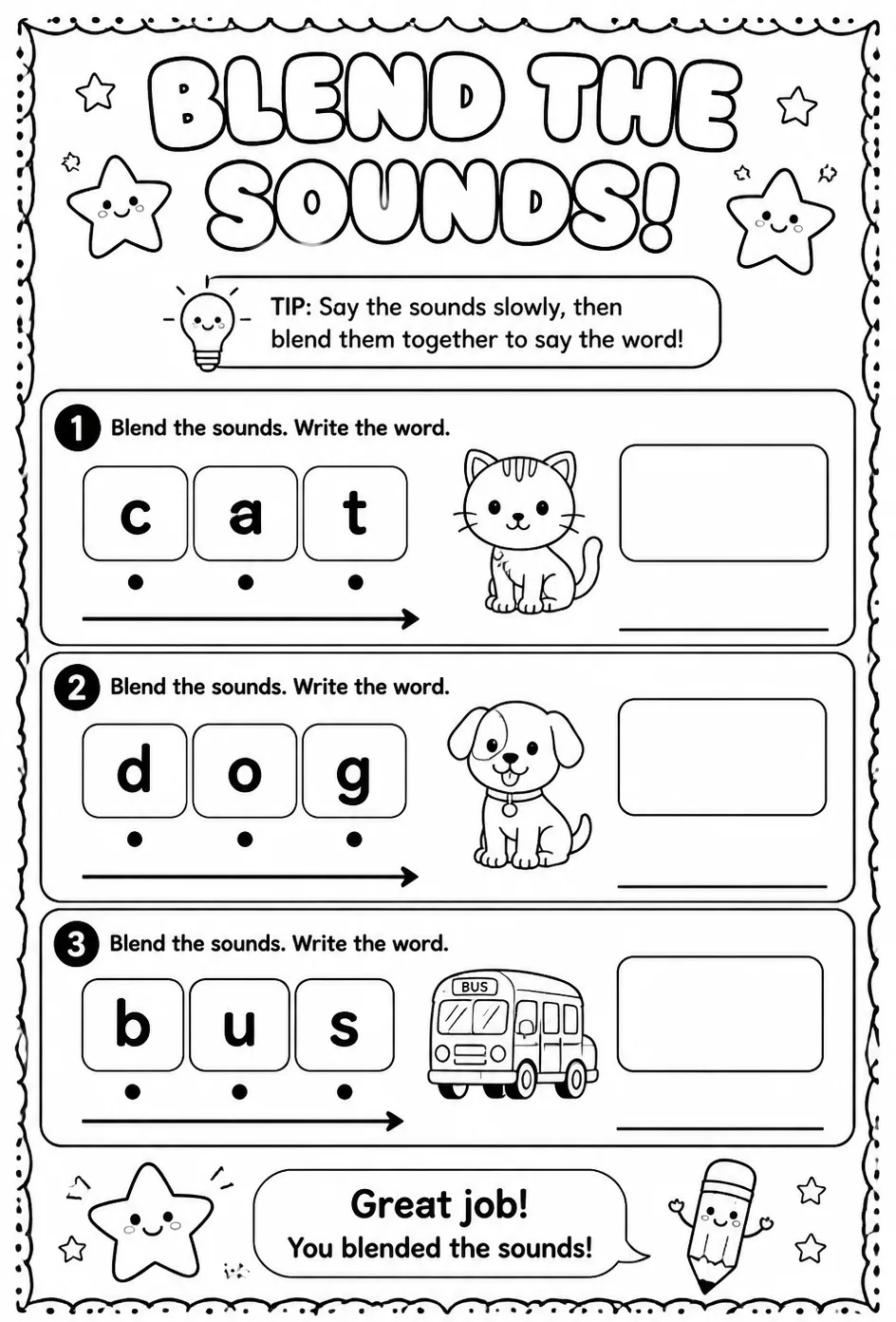 Blend each sound in a word together — free printable Pre-K English & Reading worksheet
