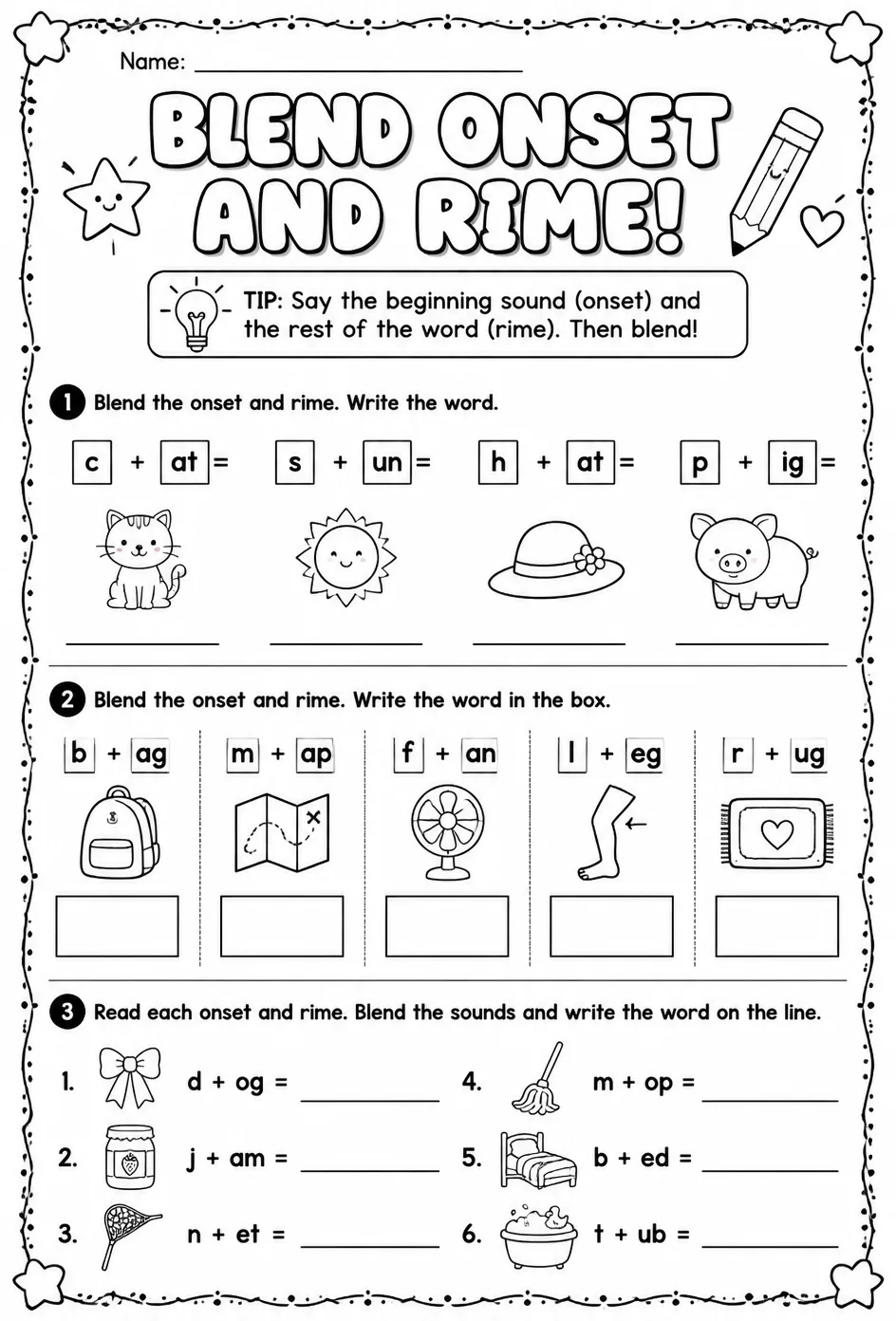 Blend onset and rime together to make a word — free printable Reading foundations English worksheet
