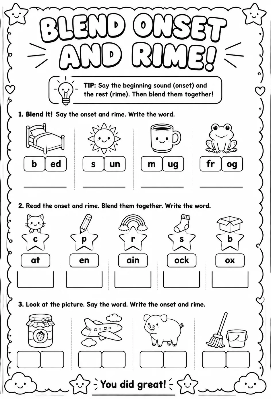 Blend onset and rime together to make a word — free printable Pre-K English & Reading worksheet