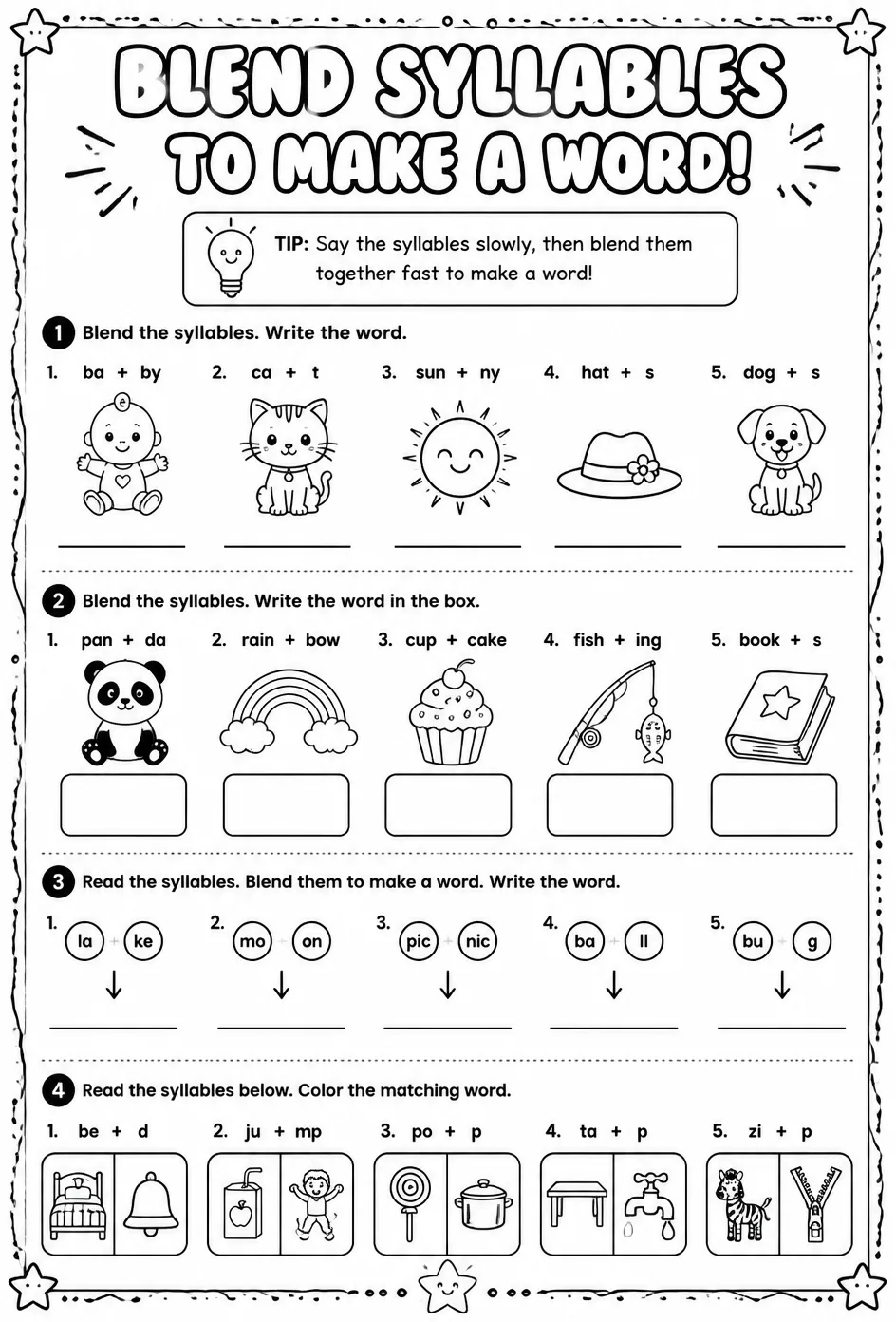 Blend syllables together to make a word — free printable Reading foundations English worksheet