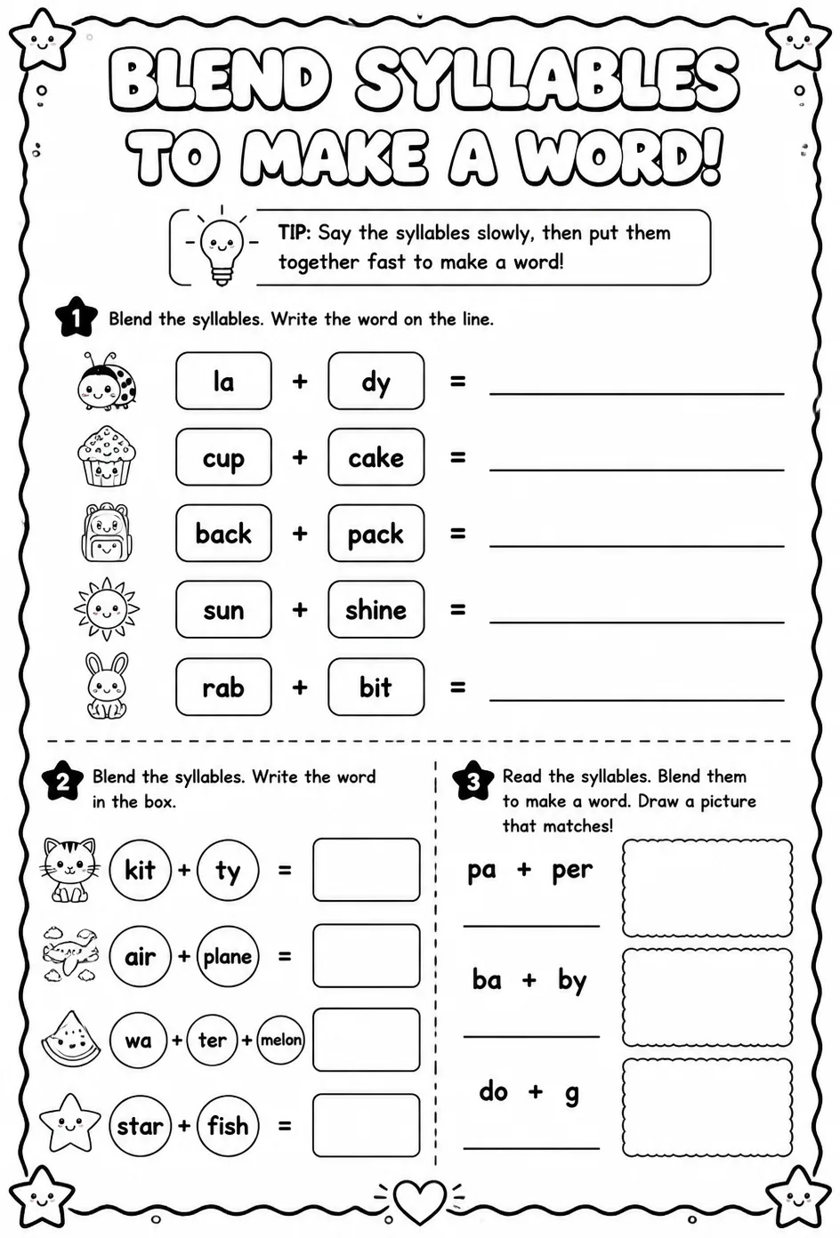 Blend syllables together to make a word — free printable Pre-K English & Reading worksheet