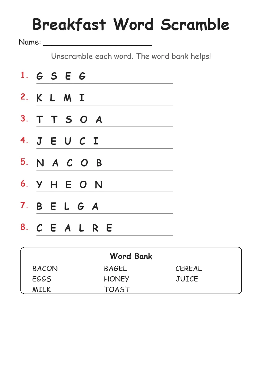 Breakfast word scramble worksheet for Grade 1