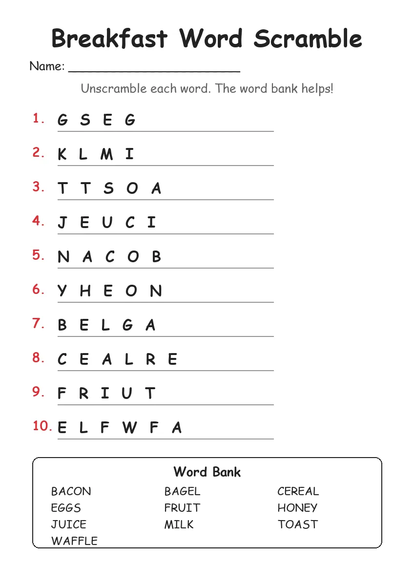 Breakfast word scramble worksheet for Grade 3