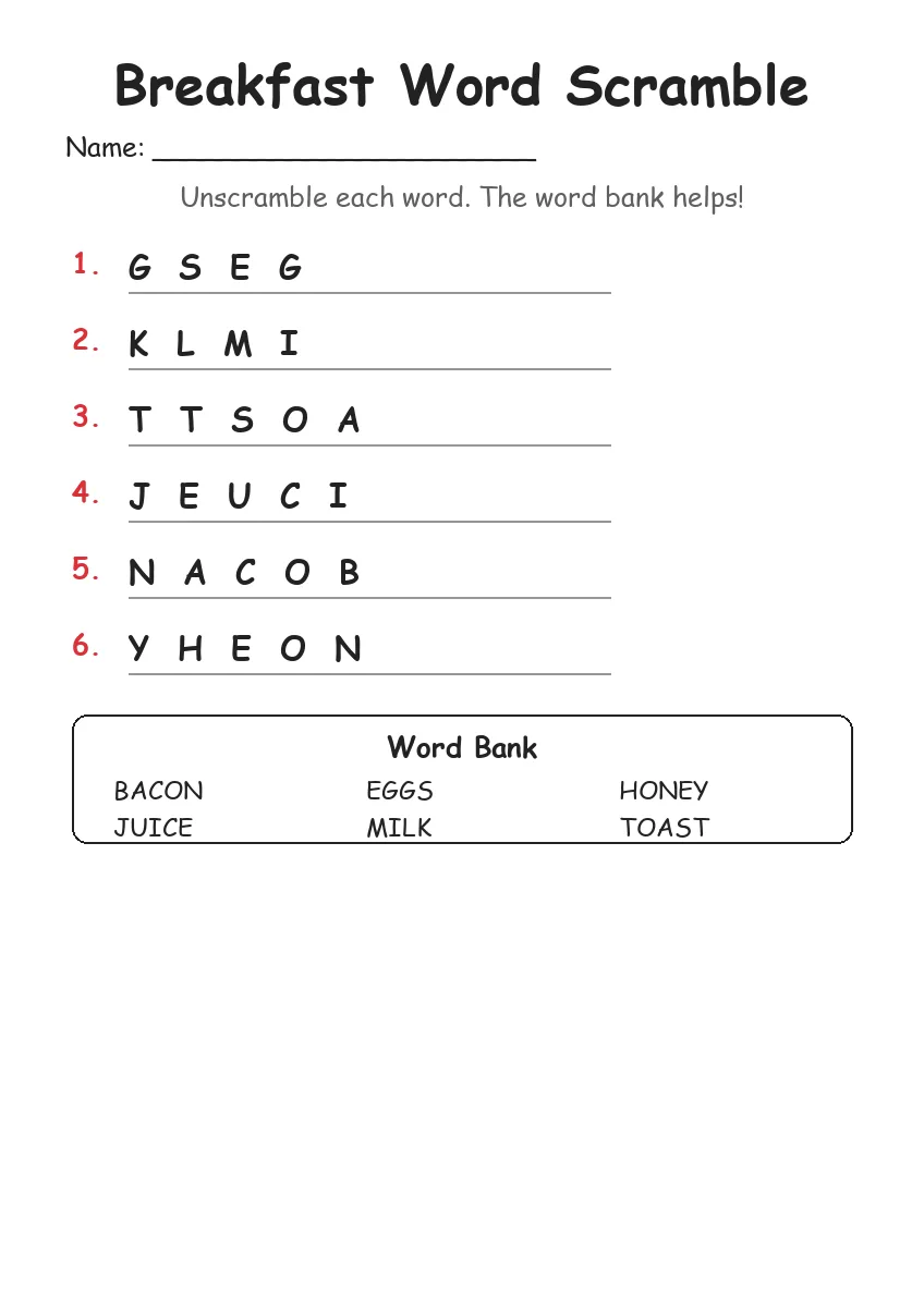 Breakfast word scramble worksheet for Kindergarten