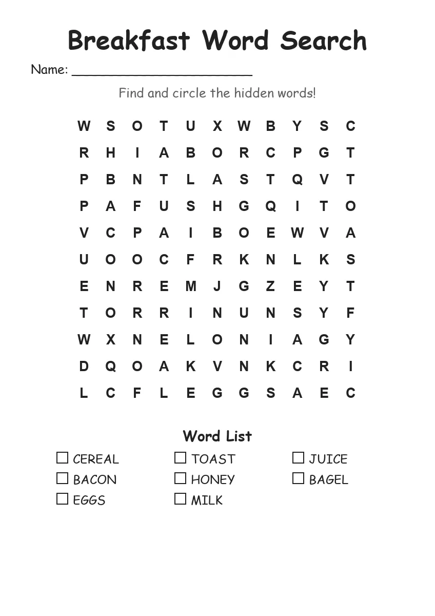 Breakfast word search worksheet for Grade 1