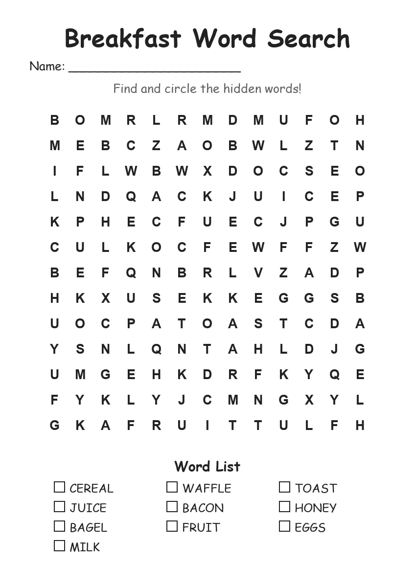 Breakfast word search worksheet for Grade 2