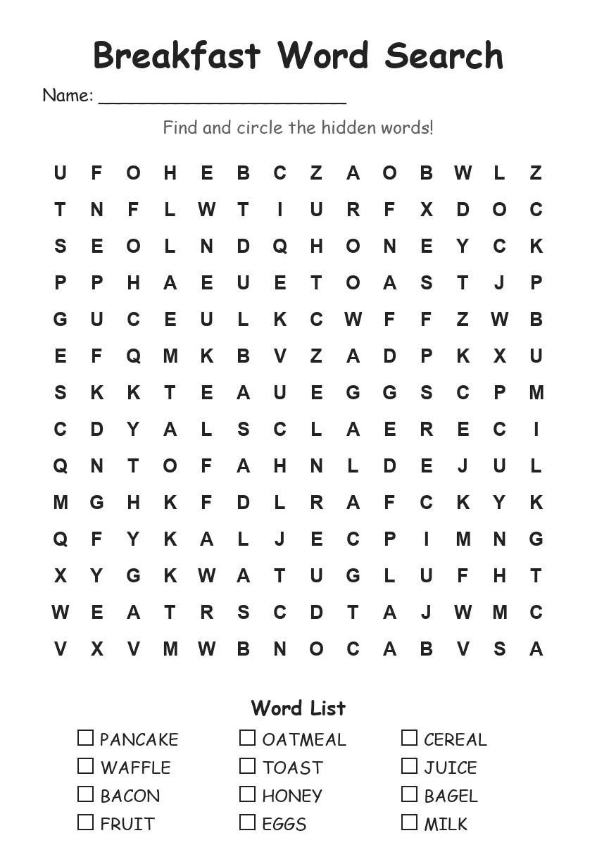 Breakfast word search worksheet for Grade 3