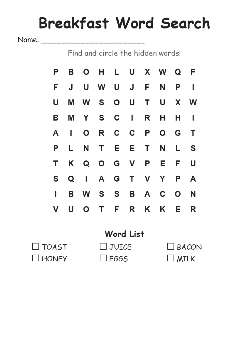 Breakfast word search worksheet for Kindergarten