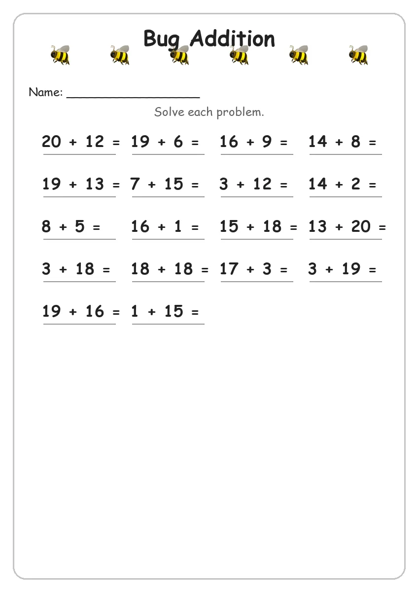 Bug addition worksheet for Grade 2