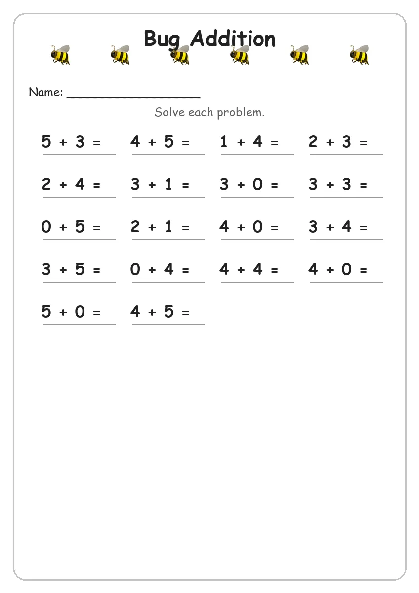 Bug addition worksheet for Kindergarten