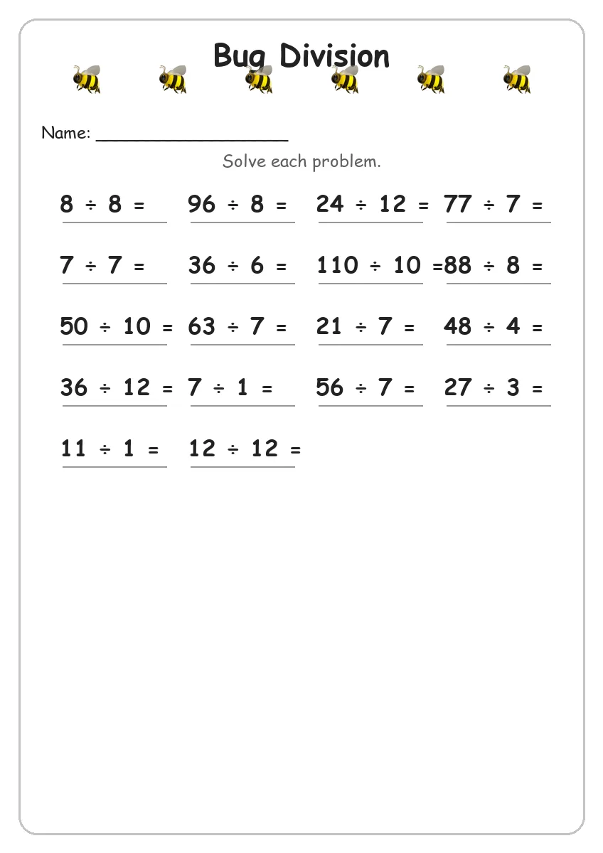 Bug division worksheet for Grade 4