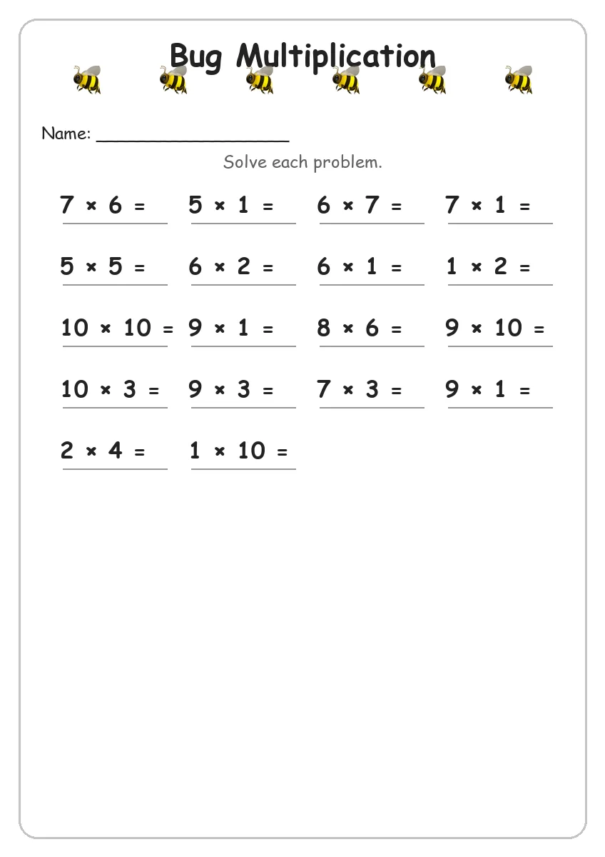 Bug multiplication worksheet for Grade 3