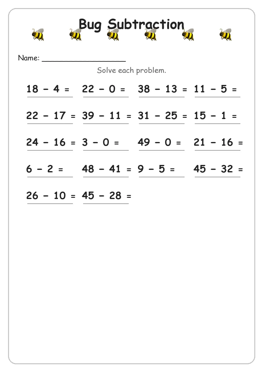 Bug subtraction worksheet for Grade 2