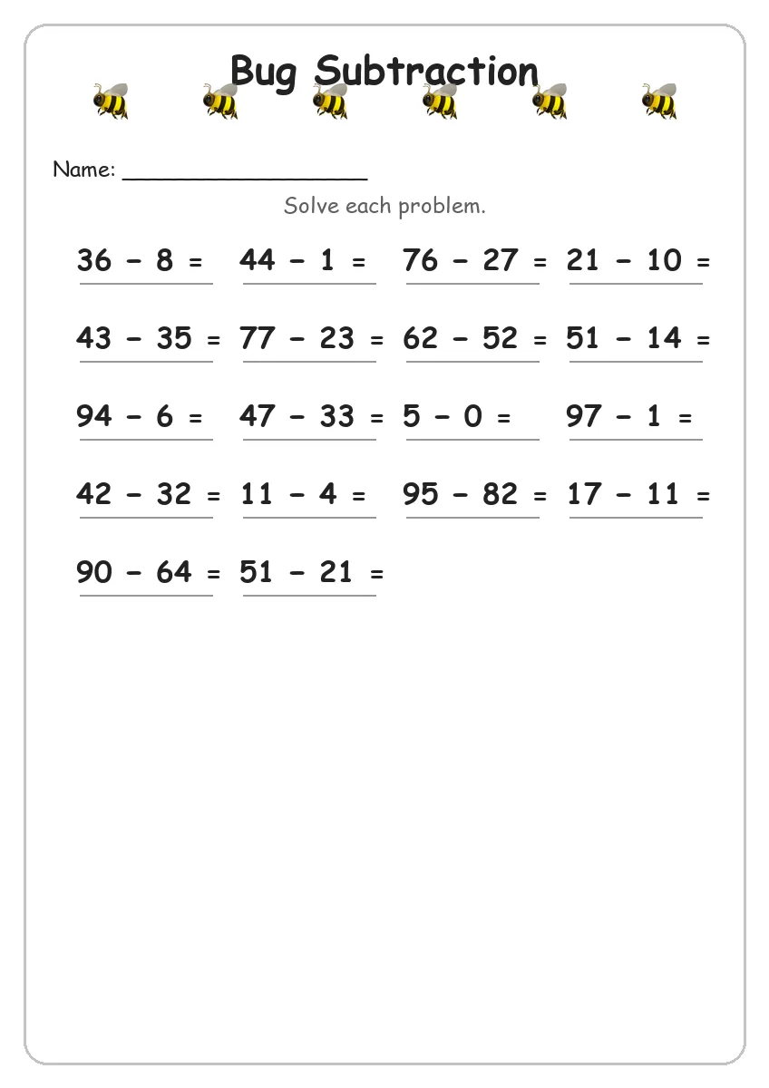 Bug subtraction worksheet for Grade 3