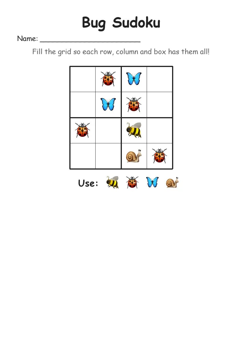 Bug Sudoku 4x4 (Kindergarten) worksheet for Kindergarten