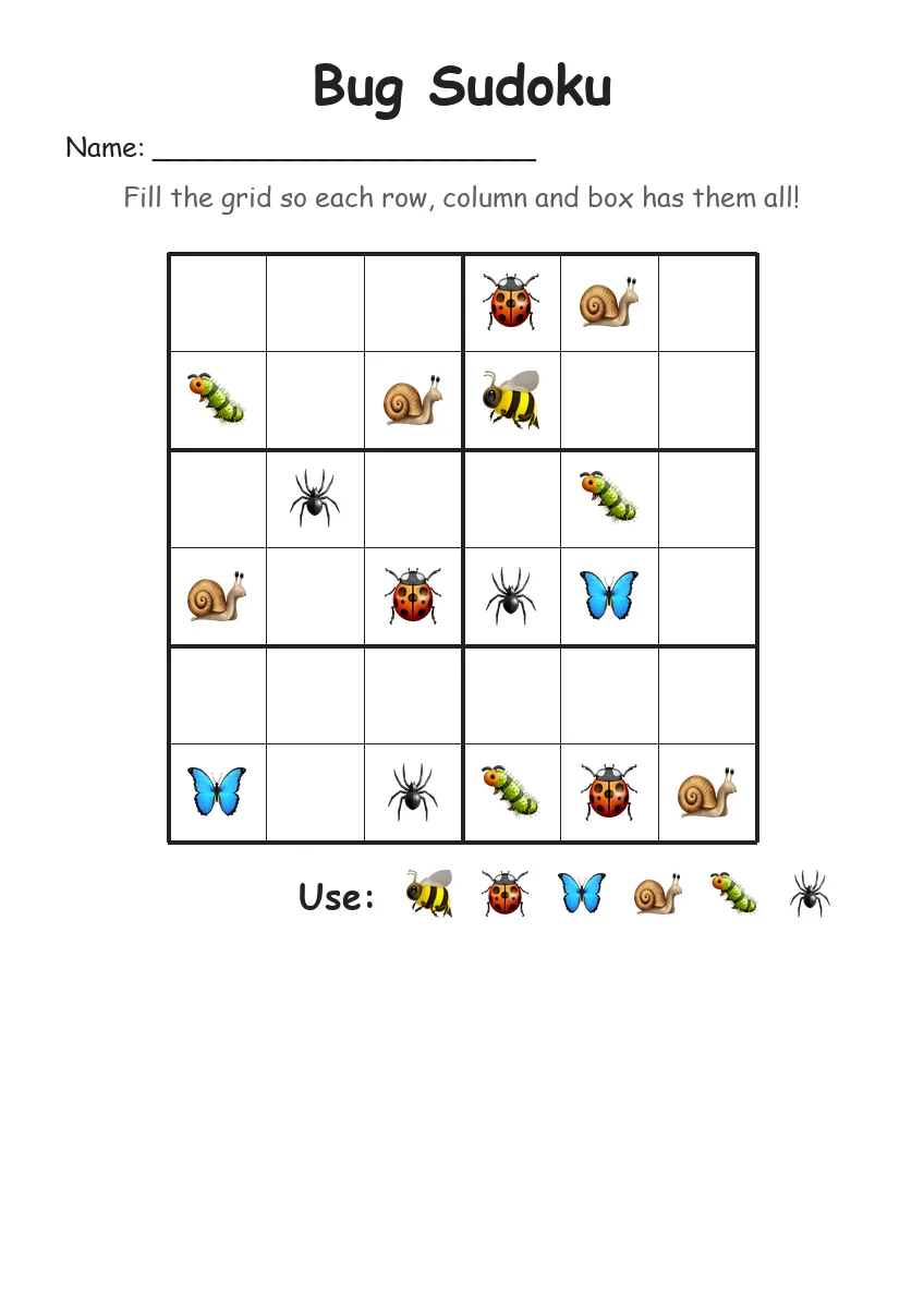 Bug Sudoku 6x6 (Grade 2) worksheet for Grade 2