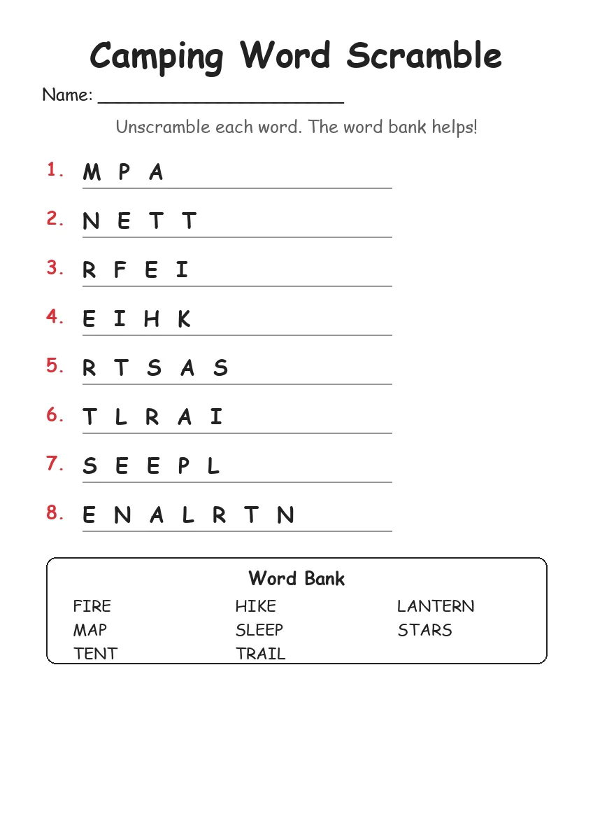 Camping word scramble worksheet for Grade 1