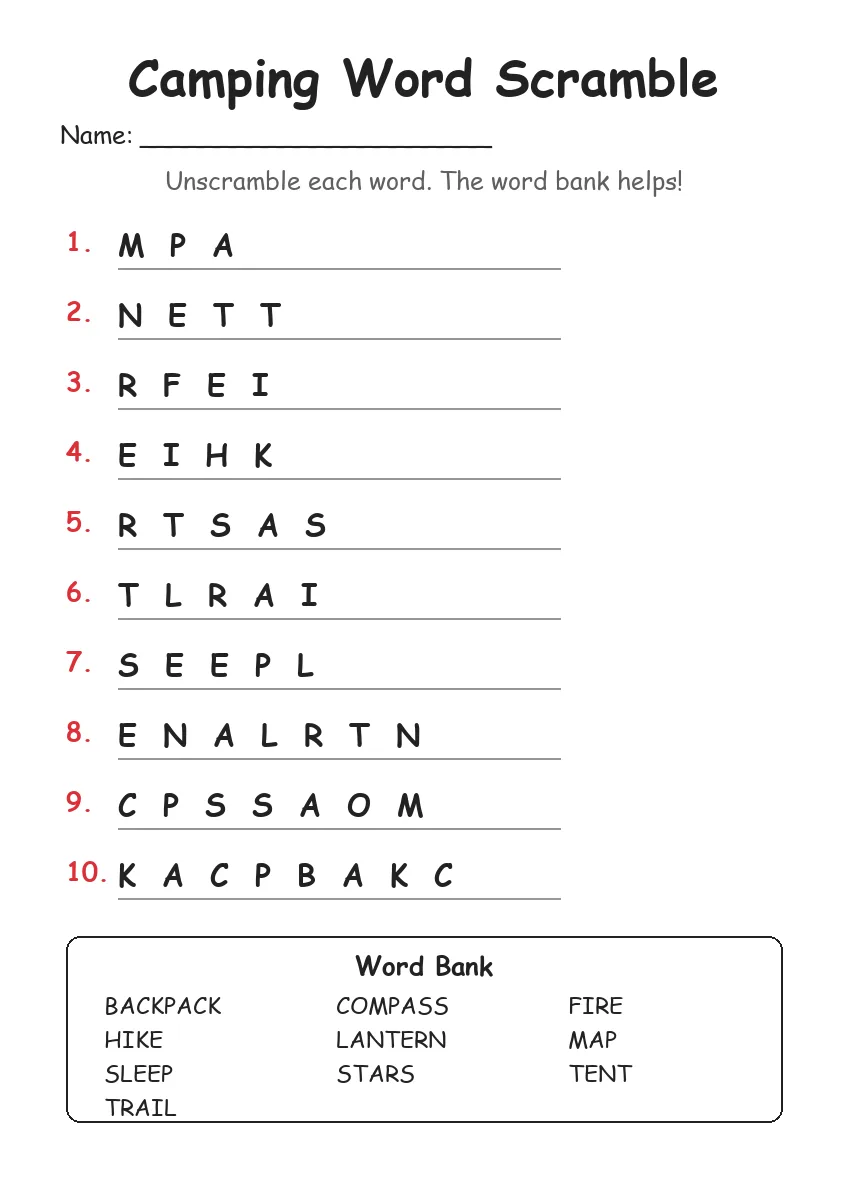 Camping word scramble worksheet for Grade 3