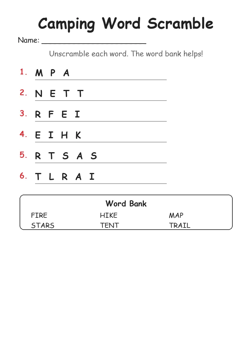 Camping word scramble worksheet for Kindergarten