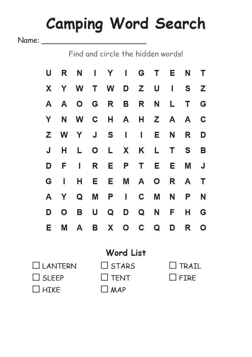 Camping word search worksheet for Grade 1