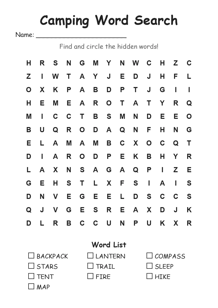 Camping word search worksheet for Grade 2