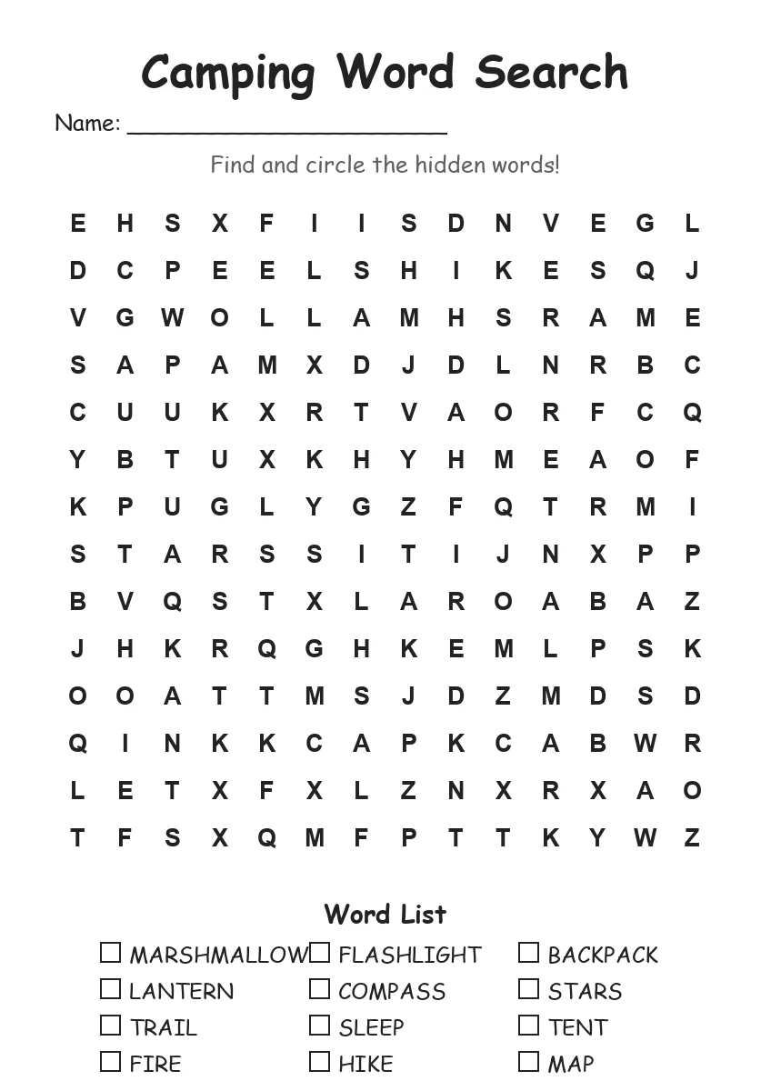 Camping word search worksheet for Grade 3