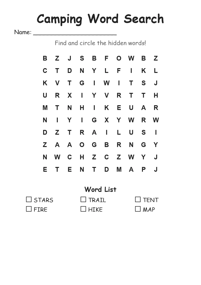 Camping word search worksheet for Kindergarten