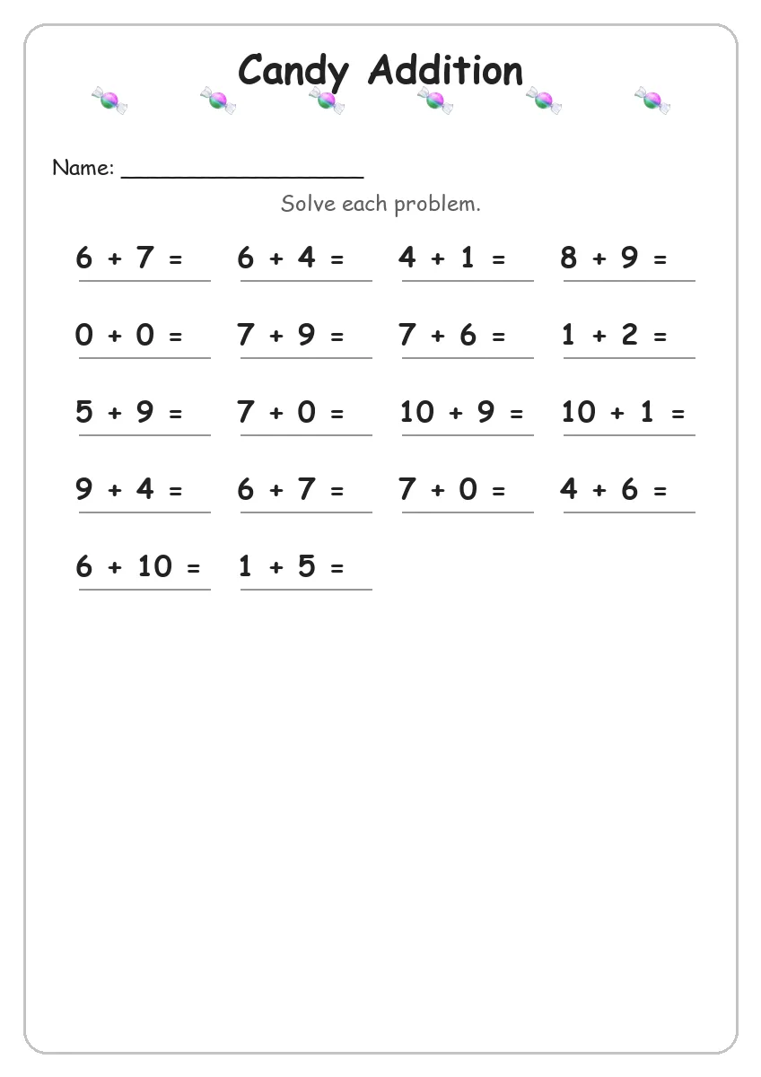 Candy addition worksheet for Grade 1