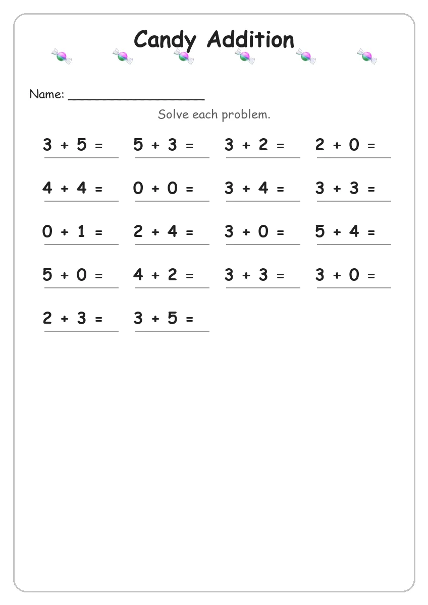 Candy addition worksheet for Kindergarten