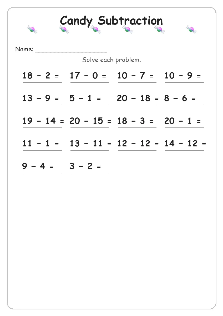 Candy subtraction worksheet for Grade 1