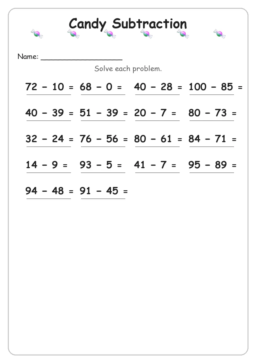 Candy subtraction worksheet for Grade 3