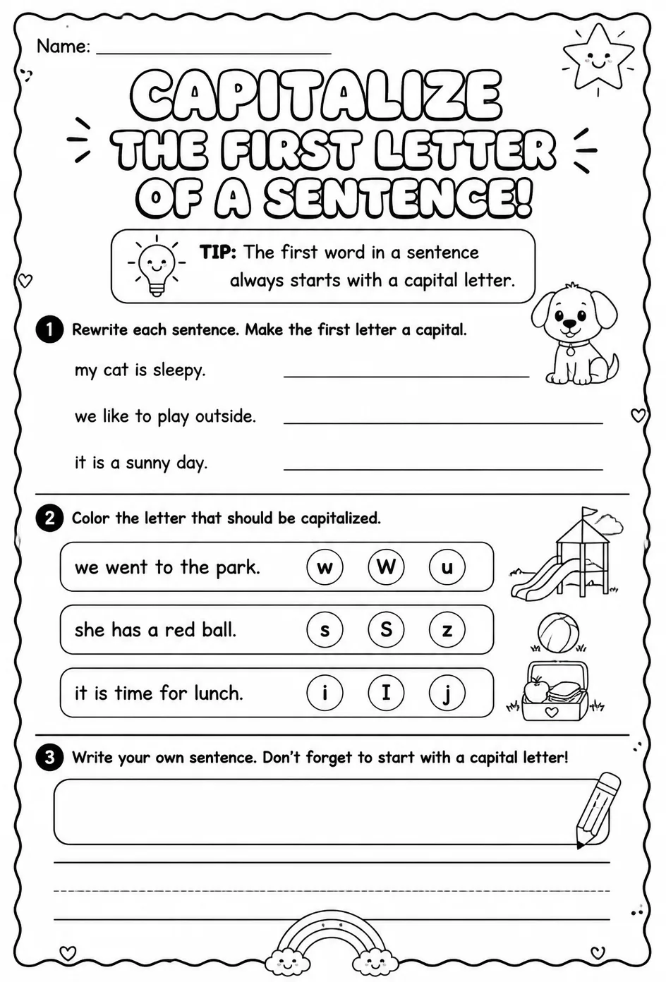 Capitalize the first letter of a sentence — free printable Kindergarten English & Reading worksheet