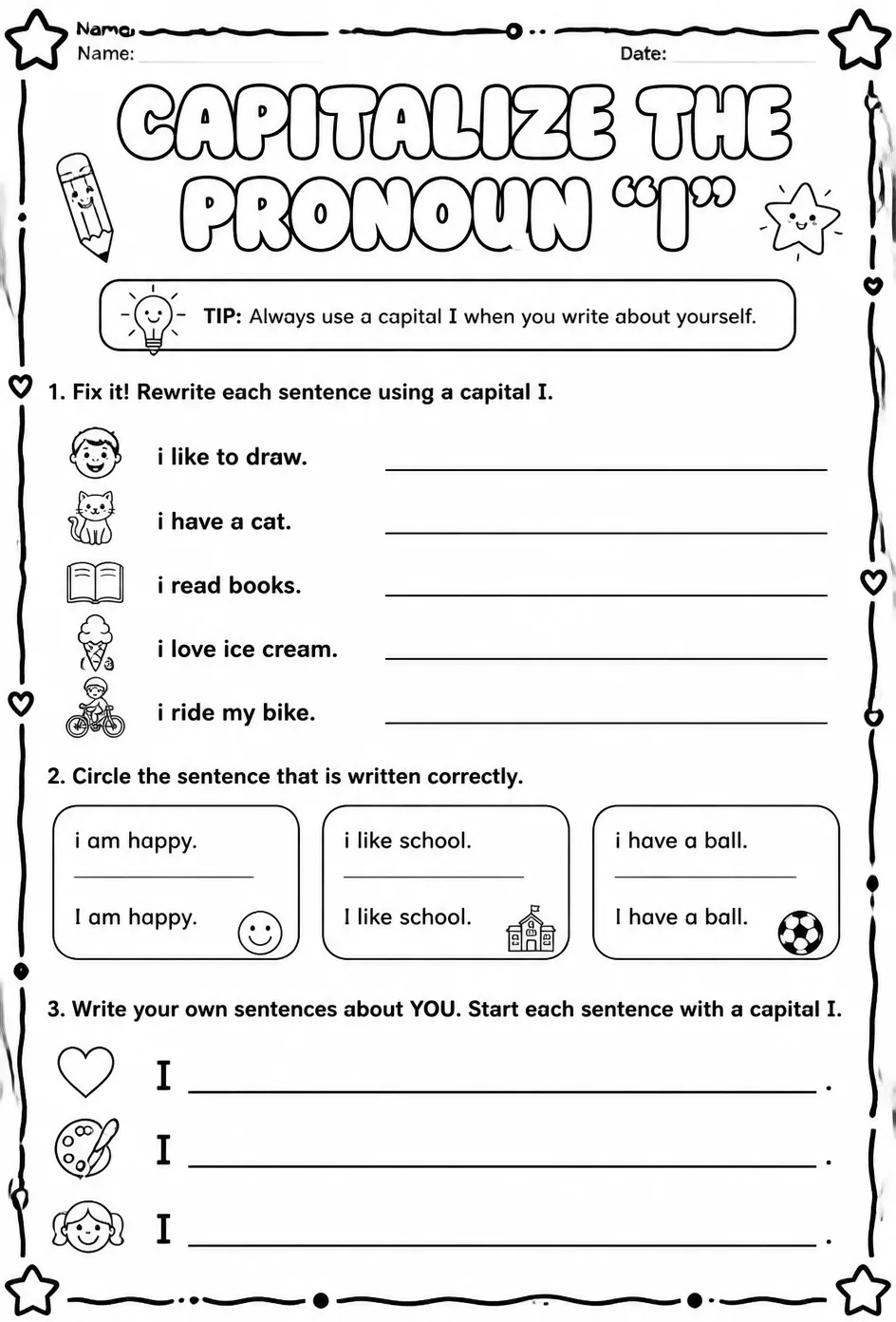 Capitalize the pronoun "I" — free printable Kindergarten English & Reading worksheet
