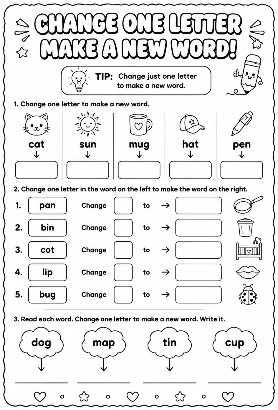 Change one letter to make a new word — free printable Reading foundations English worksheet