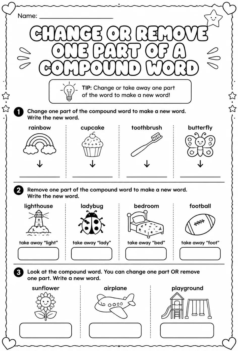 Change or remove one part of a compound word — free printable Reading foundations English worksheet