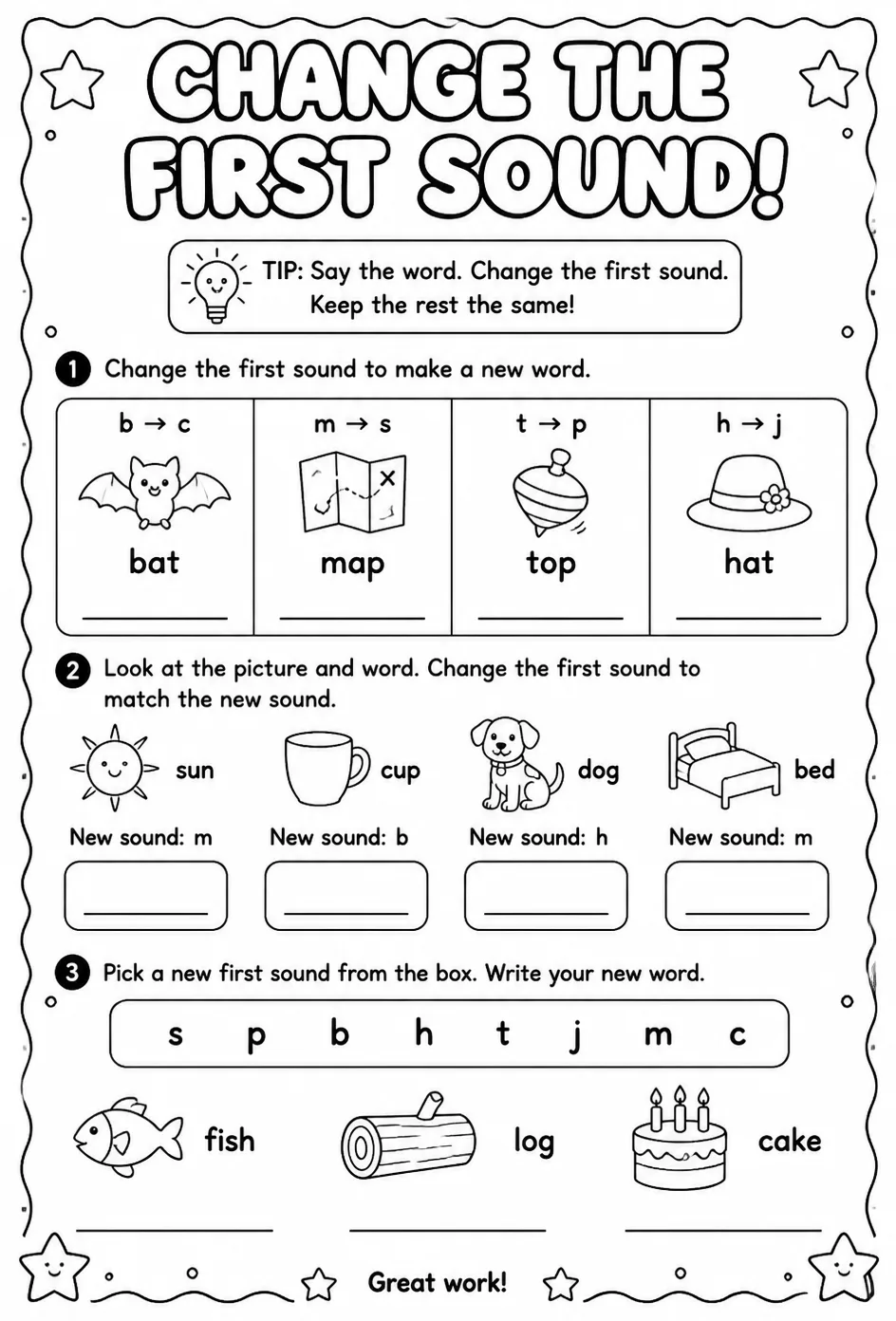 Change the first sound in a word — free printable Reading foundations English worksheet