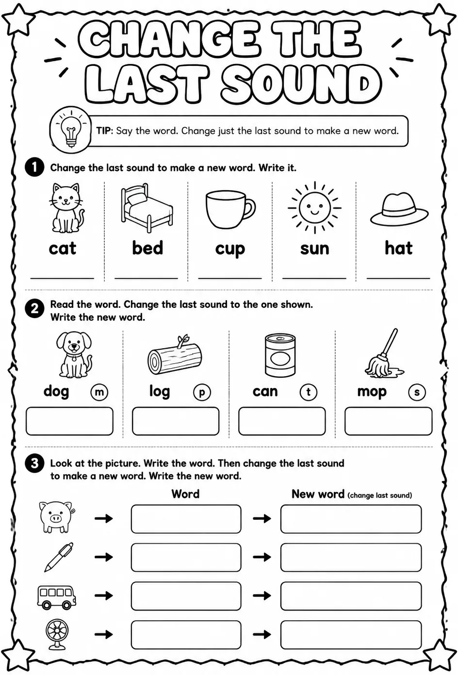 Change the last sound in a word — free printable Reading foundations English worksheet