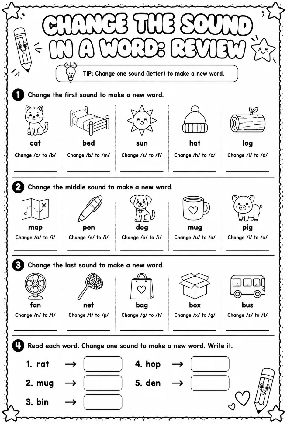 Change the sound in a word: review — free printable Reading foundations English worksheet