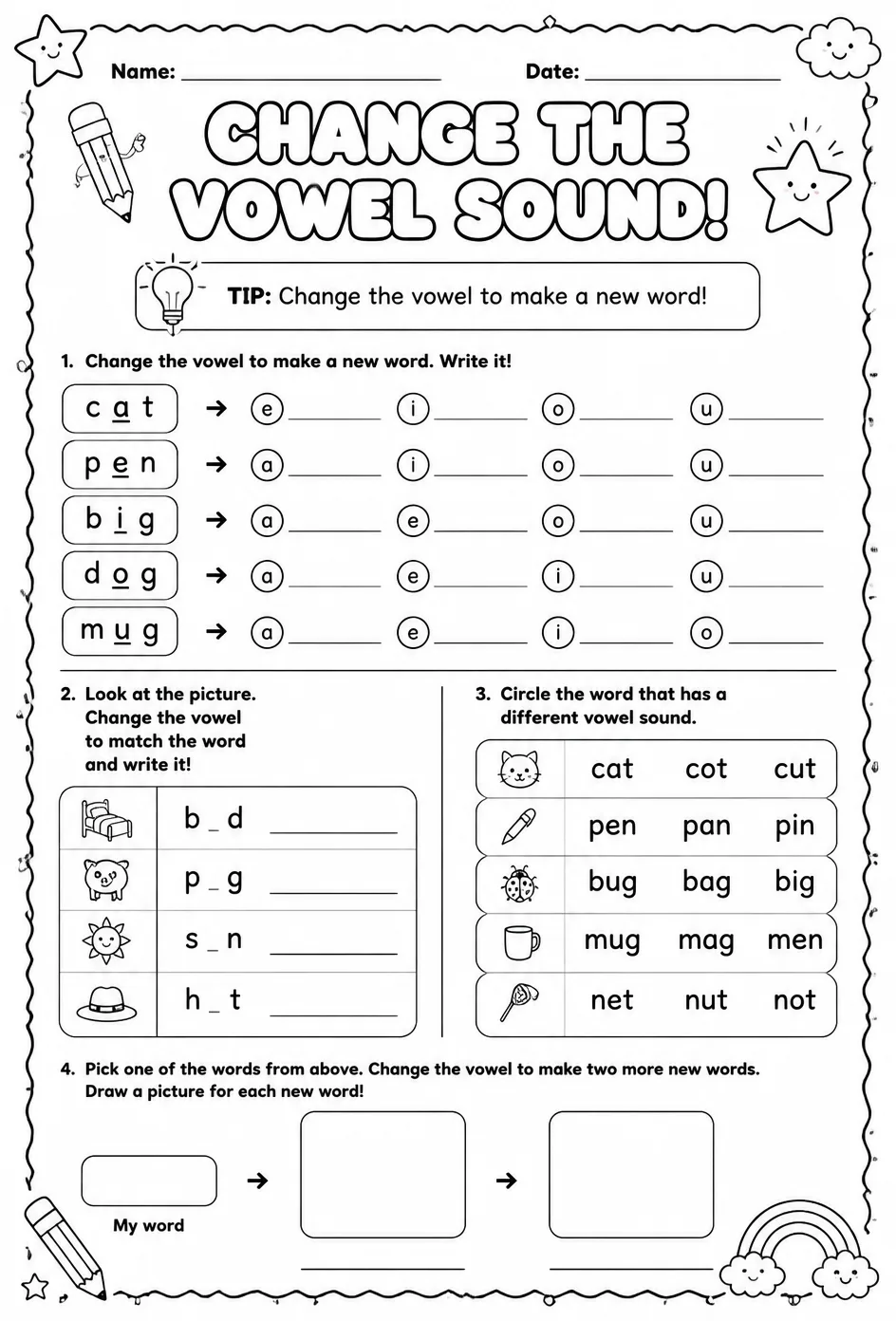 Change the vowel sound in a word — free printable Reading foundations English worksheet